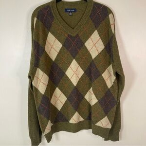 CLUB ROOM Men’s Lg Lambswool Olive Argyle V Neck Sweater Preppy Academia College